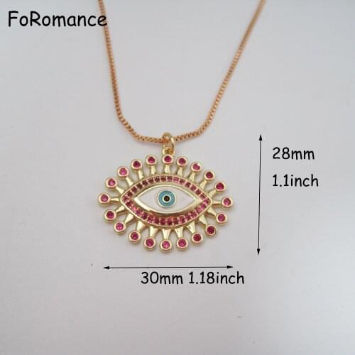 YELLOW GOLD PLATED GP 17.7" 45CM BOX CHAIN & EVIL EYE WITH MANY RED CZ STONES PENDANT NECKLACE HIGH SHINING