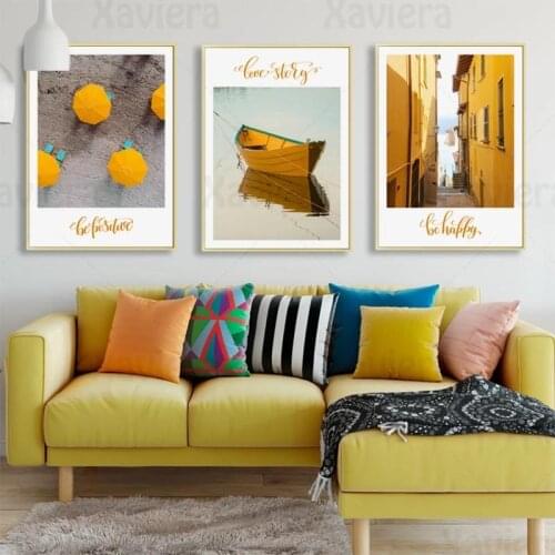 Yellow Style Landscape Decor Poster Temple City Boat Umbrella Canvas Painting Wall Art Modern Home Decoration Hanging Mural
