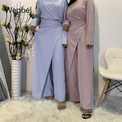 WEPBEL Women Muslim Sets V-neck Stitching Long Tops High Waist Pants Sets Arab Dubai 2 Piece Sets Outfits Muslim Suit