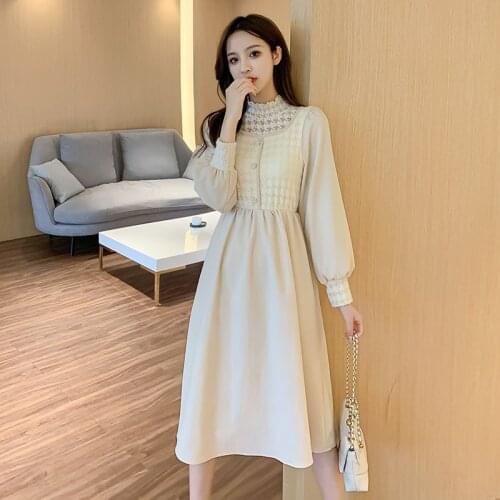 COIGARSAM Patchwork Women dress Lace Upset High Waist Dresses Brown Black Rice White 3556