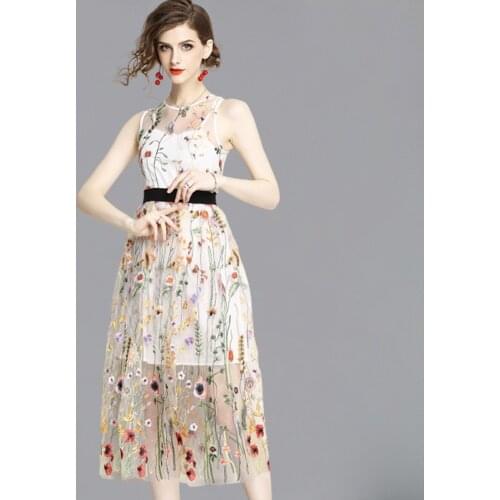 Embroidery Party Dresses Runway Floral Bohemian Flower Embroidered Vintage Boho Mesh Dresses For Women Vestido