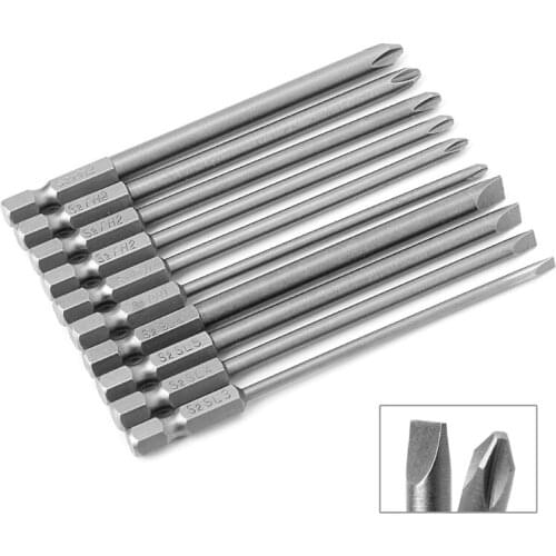 10 Pcs Magnetic Slotted PH2 Screwdriver Bit S2 Steel 1/4 Hex Shank 100mm GXMA
