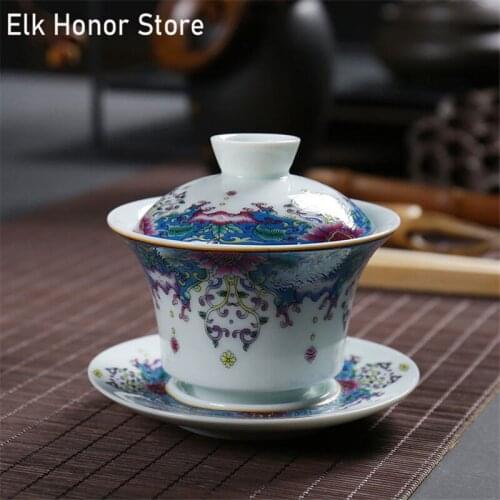 130ml Panhua Enamel Three-talent Bowl Jingdezhen Ceramic Antique Tea Cover Bowl Sopera De Ceramica Gaiwan Chrysanthemum Tea