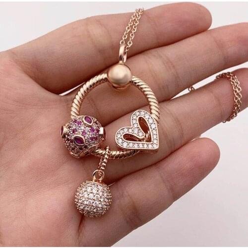 2020 New 100% 925 Sterling Silver Charm Hand-painted Rose Gold Heart Red Lip Ball PendantPan necklace For Girlfriend