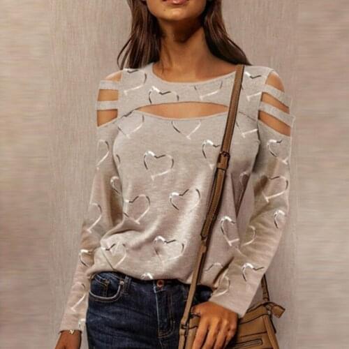 2021 Casual Heart Print Women Blouses Shirts Elegant Spring V Neck Loose Pullover Tops Fashion Hollow Out Long Sleeves 3XL