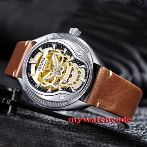 44mm Parnis golden skeleton dial Sapphire glass 21 jewels Miyota automatic mens watch P711