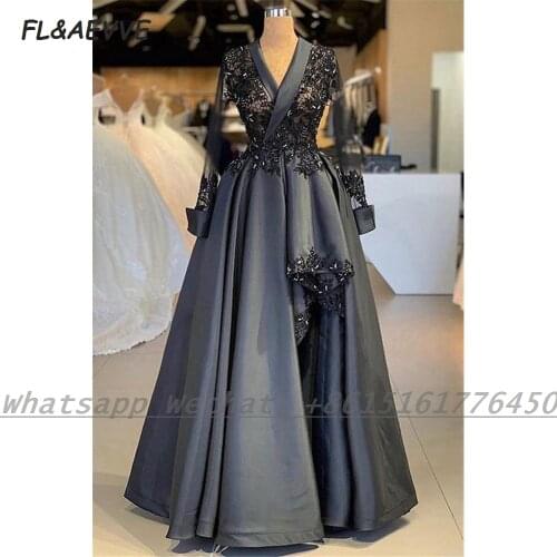 Black Evening Dress Long Sleeves A Line 2021 Lace Appliques Satin Floor Length Formal Evening Gown for Women