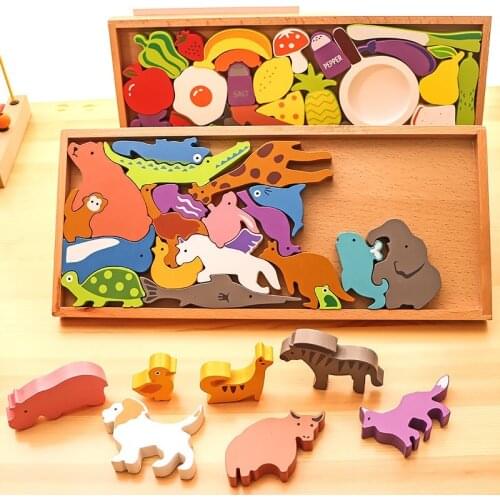 3D Preschool Children Educational Toys Wooden Montessori Animals Fruits Vegetables Puzzle Shape Matching Building Block Toys