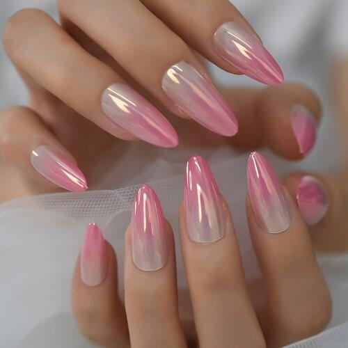 High Shine Ombre Nails French Medium Length Artificial Nails Fake Acrylic Chrome Press On Finger Natural Nail Art