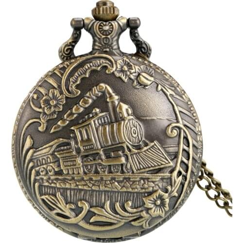 Exquisite Bronze/Silver Full Hunter Steampunk Train Design Quartz Pocket Watch Unisex Necklace Clock Retro Pendant Watches Gifts
