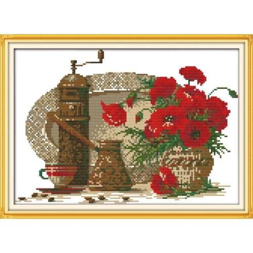Joy Sunday Teacup and Poppy Counted Cross Stitch Kits 11&14CT Cross Stitch Embroidery Needlework for Home Decor Handmade Gift