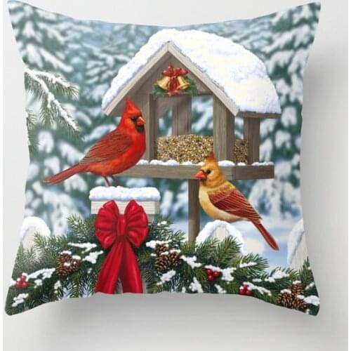 Red Cardinals and Christmas Bird Feeder Decorative Pillow Cushion Covers Square Pillowcase for Sofa Cotton Linen Pillow Cover