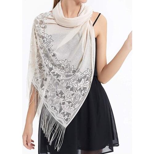 Fashion Womens Floral Lace Mesh Party Prom Wedding Shawl Scarf with Fringe long lace Wraps