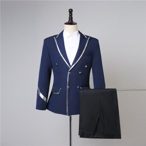 Formal Wedding Groom Suit Korean Style Mens Navy Blue Blazer Pants Tie Outfit Stage Performance Singer Dancer Group 3 Piece Set