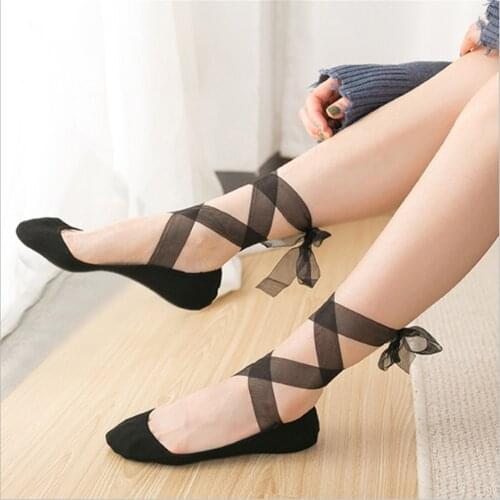 New Socks Womens Lace-up Boat Socks Thin Low-cut Bow Knot Cross-lace Non-slip Invisible Socks