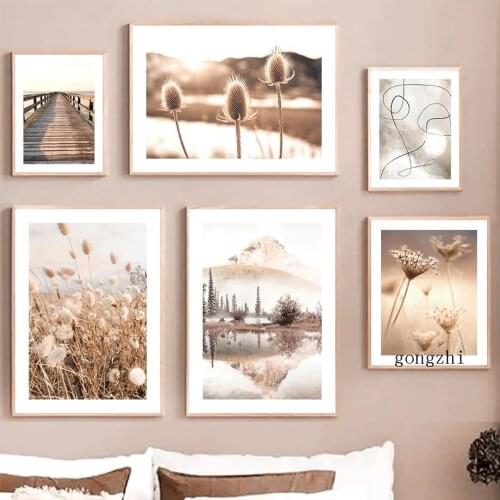 Dandelion Reed Wild Grass Bridge Mountain Lake Nordic Poster Landscape Canvas Painting Prints Wall Art Picture Living Room Decor