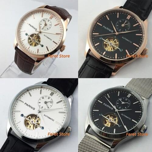 Parnis 2020 new 43mm mens top flywheel watches rose gold steel case black dial leather strap automatic mens watch pa63-1