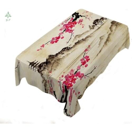 Landscape Mountain Ink Nature Plant Floral Branch Hill Tree Tower Lake Spring Tablecloth Decor For Outdoor Indoor Home Party