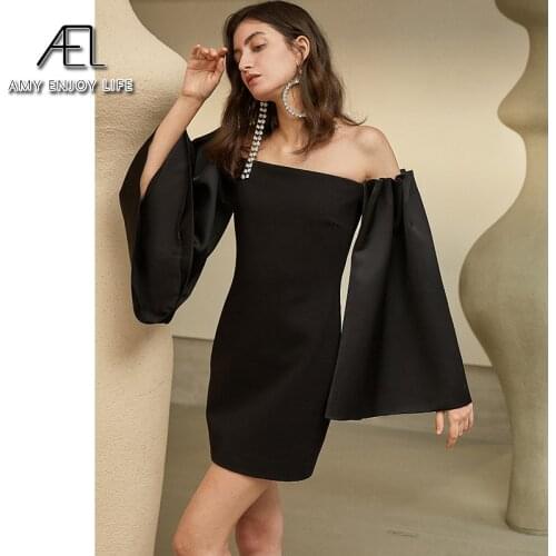 AEL black Womens Dress Slash Neck Off Shoulder pagoda Sleeve High Waist Mini Party Dresses Female 2020 summer