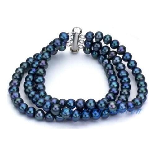 Selling Jewelry>>>3 rows excellent peacock blue 7-8mm genuine pearl noble womens gift bracelet@^Noble style Natural