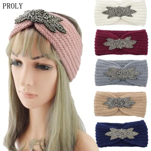 PROLY New Fashion Women Headwear Warm Knitted Headband Flower Rhinestone Hair Band Top Quality Hair Accessories