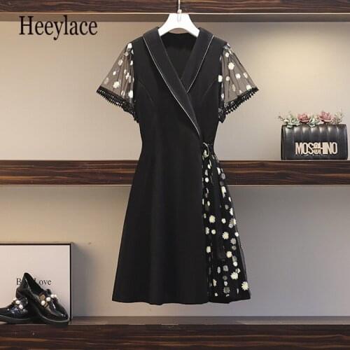 Plus size office ladies midi dresses for women Summer short sleeve mesh patchwork high waist elegant midi dresses female vestido