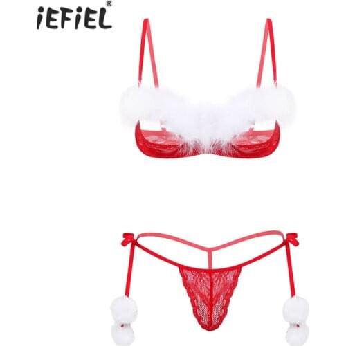 Red Hot Womens Sexy Santa Lingerie Sissy Underwear Christmas Costumes Cosplay Lace Erotic Sets See Through Open Cups Bikini Set