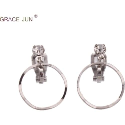 GRACE JUN Korea Style Rhinestone Circle Square Star Clip on Earrings No Pierced for Women Party Cute Charm No Hole Earrings New