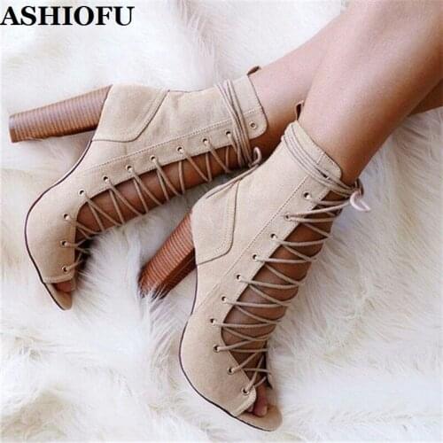 ASHIOFU Handmade Ladies Chunky Heel Pumps Cross Shoelace Peep-toe Party Prom Dress Shoes Daily Wear Fashion Court Shoes