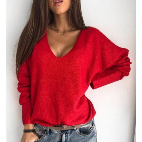 Women Autumn Loose Solid Color V Neck Long Sleeve emperament Simple Candy-colored Plush Pullover Sweater Top Xmas Gift