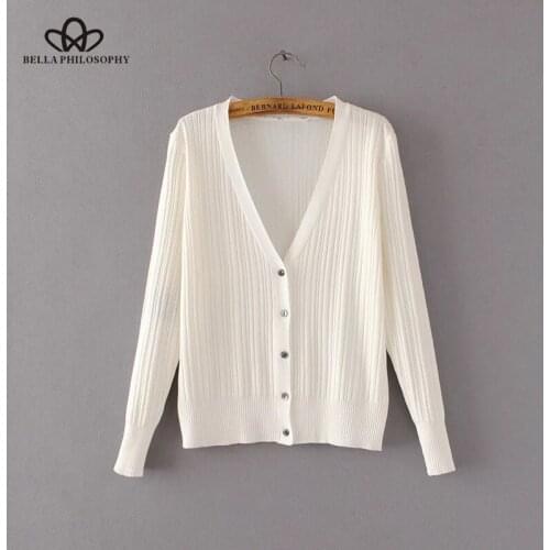 Bella Philosophy 2018 women spring autumn long sleeve knitting Knitwear Cardigan big V neck buttons