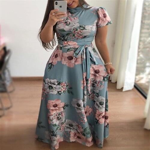 Plus Size Women Dress Summer Short Sleeve Loose Maxi Dresses Casual Bandage Flower Print Party Robe High Collar Elegant Vestidos