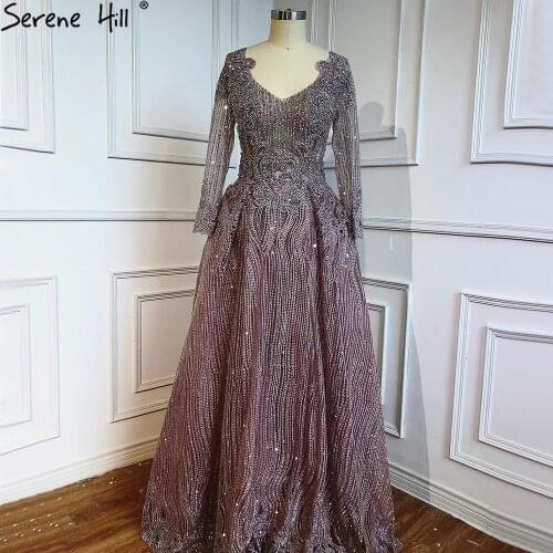 Serene Hill Pink A-Line Luxury Evening Dress 2020 Dubai Beading Long Sleeves V-Neck Luxury Formal Party Wear Gown CLA70773