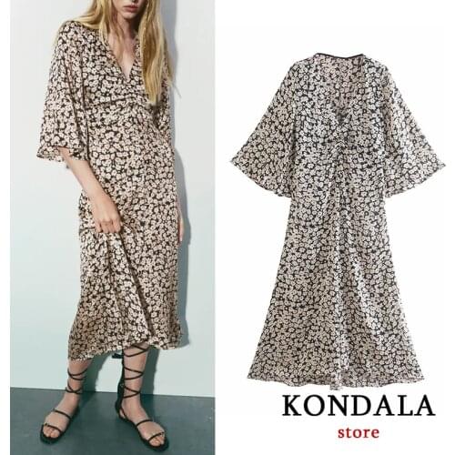 KONDALA Za 2021 Vintage Floral Print V Neck Midi Women Dress Long Flare Sleeve Loose Dress Elegant Mujer Vestidos