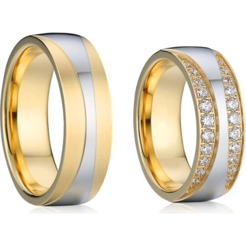 1 Pair cubic zirconia wedding rings gold 18k plated Marriage Love Alliance latest promise ring design for couples men and women