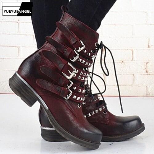 Punk Platform 100% Real Leather Ankle Boots Women Designer Rivet Buckle Strap Black Wine Red Knight Boots Plus Size Boots