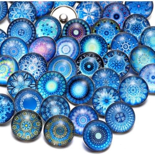 50pcs/Lot Blue Series Exotic Pattern Theme Glass Charms 18mm Snap Button Charms For 18mm Snaps Bracelet Snap Jewelry KZHM058c