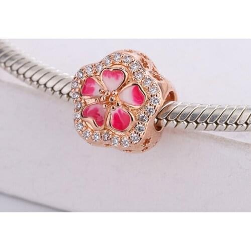 925 Sterling Silver Rose Gold Pink Sparkling Peach Blossom Flower Pendant Charm Bracelet DIY Jewelry Making For Original Pandora