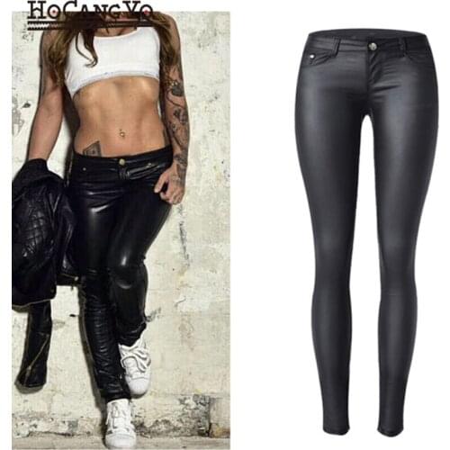 HCYO Women Low Waist Pants Stretch Washed Coated PU Leather Jeans Women Sexy Skinny Pencil Pants Motorcycle Faux Leather Pant