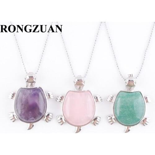 RONGZUAN Natural Stone Bead Pendant Amethysts Rose Quartzs Opal Animal Tortoise Shape Pendant Necklace Chain 18" Jewelry TBN382