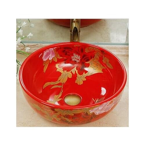 Europe style Golden Round chinese washbasin sink Jingdezhen Art Counter Top ceramic bathroom sink colored bathroom ceramic sink
