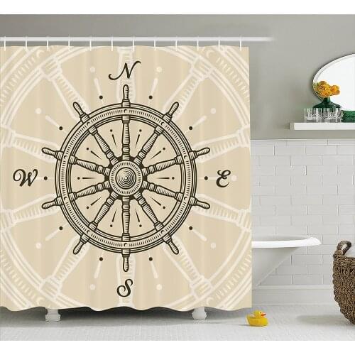 Ships Wheel Decor Shower Curtains Vintage Ship Wheel Antique Sailboat Navigation Tool Monochromic Nostalgic Deco Bath Curtain