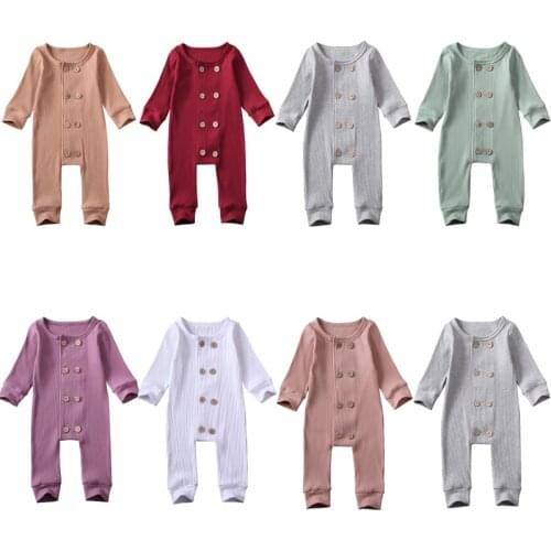 Newborn Baby Girls Boys Solid Romper Kids Cotton Long Sleeve Ribbed Knitted Jumpsuit One-piece Playsuit 0-24M