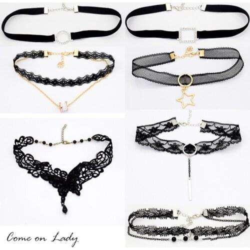 Chokers Set Black Lace Flower Double Layer Choker Necklace for Women Pendant Necklaces Tattoo Collier Collar bijoux CR057-062