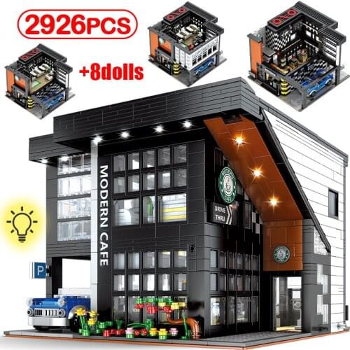 City LED Light Modern Cafe Bar Architecture Building Blocks Friends MOC Figures Technical Bricks Toys for Children Gifts