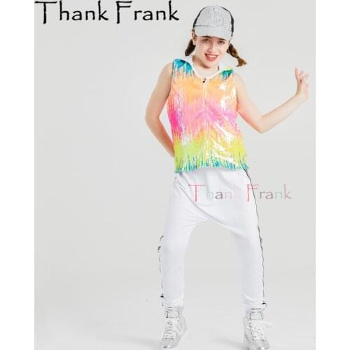 New Hip Hop Streetwear 2-Piece Sequin Jazz Dance Costume Child Adult Cool Sleeveless Top Hip-hop Pants Set Stage Dance Wear C585