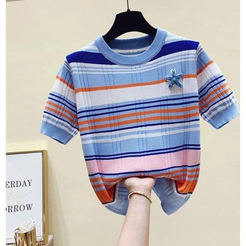 GGRIGHT Summer O-Neck Striped Knitted T Shirt Women 2021 Short Sleeve Beading T-Shirt Woman Korean Tshirt Women Clothes