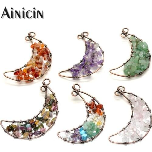 Natural Crystal Crushed Stone 7 Chakra Life Tree Crescent Shape Twisted Moon Pendant Bronze Color Pendants Women Charm Jewelry