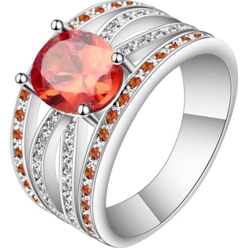 New Fashion Red Cubic Zirconia Ladies Bead Design Ring White Gold Filled Multi-layered Wedding Bands Finger Ring Women Jewelry
