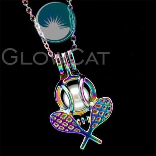 R-C596 Rainbow Colors Tennis Ball Beads Cage Pendant Perfume Diffuser Aromatherapy Pearl Cage Locket Necklace